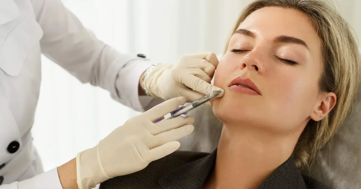 A woman receiving a dermal fillers injection in her lips from a medical professional wearing gloves, highlighting a cosmetic facial enhancement procedure in Ottawa, ON